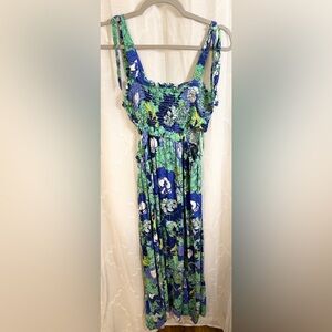 Japna Blue and Green Floral Maxi Dress with Side Cutouts | Size Large